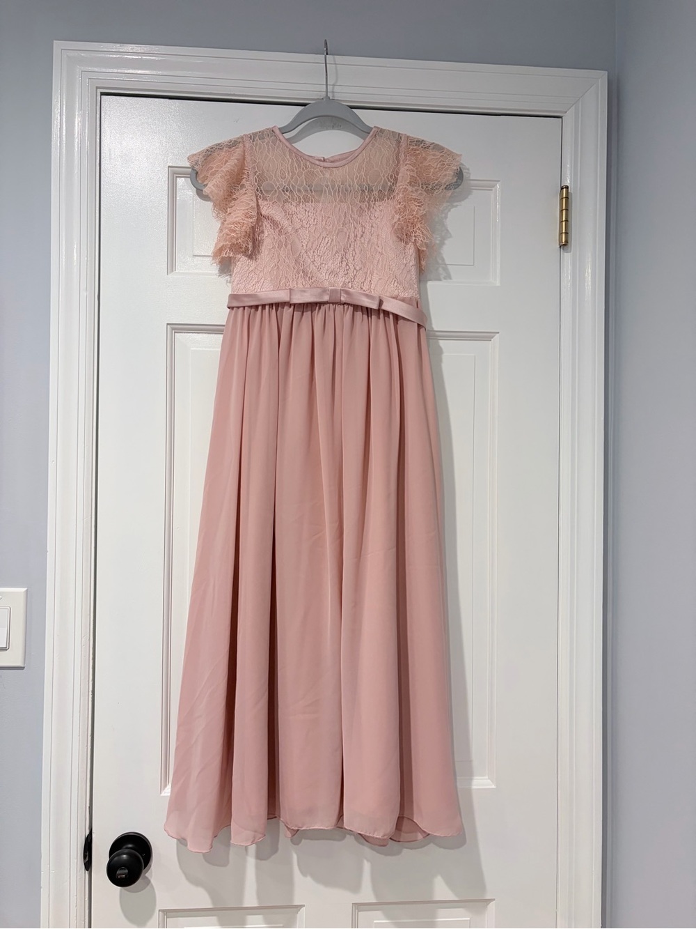Girls Blush Pink Lace Chiffon Maxi Dress Size 10-11Y Flower Girl Formal